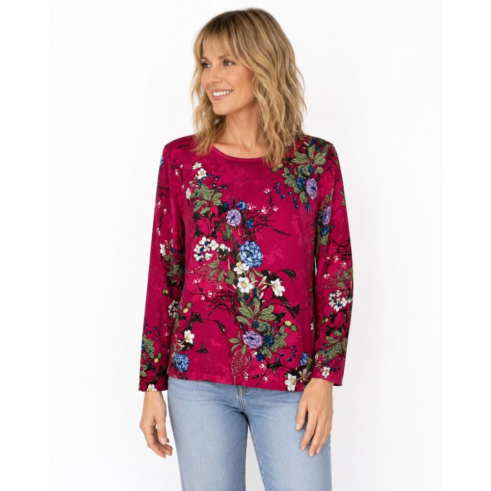 Chico's 1 M 8 10 Colorful Rose Victorian Garden Cotton Blend Long Sleeve Top